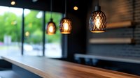 Modern pendant lights with woven metal design hanging above wooden counter in dark restaurant interior with blurred outdoor view.