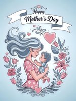 Happy Mother's Day greeting card with mother holding baby surrounded by floral decorative elements and ribbon banner on soft blue background.