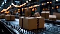 Cardboard packages moving on automated conveyor belt system in modern warehouse facility with warm bokeh lighting for logistics operations.