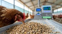 Brown hen eating grain from automated feeding system in modern poultry farm with digital monitoring equipment for sustainable agriculture production.