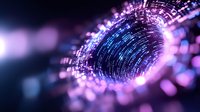 Abstract digital tunnel with glowing blue and purple particles creating futuristic vortex effect against dark background, suitable for technology and innovation concepts.