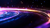 Glowing curved light trails with vibrant blue, purple and orange colors against dark background create dynamic motion effect for technology designs.