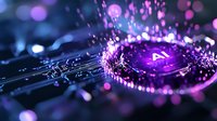 AI artificial intelligence microchip processor with glowing purple circuits and sparkling data particles on dark technology background.