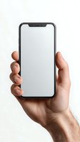 Male hand holding modern smartphone with blank white screen mockup for app presentation and mobile interface design on neutral background.