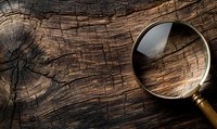 Vintage magnifying glass with golden frame on dark weathered wooden surface with dramatic lighting and copy space for detective concept.