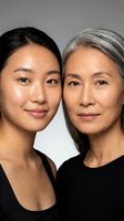 Two generations of Asian women showcasing natural aging and skincare routine results with radiant healthy skin and confident expressions.
