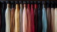 Professional hair extension color palette displaying various shades from blonde to brunette and vibrant colors for salon and beauty industry use.
