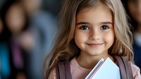 Young girl with brown hair and green eyes smiling at camera, wearing pink shirt and backpack, holding notebook, ready for school.