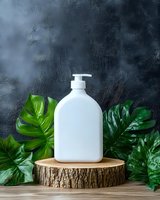 Blank white pump bottle on wooden log podium with green tropical leaves against textured gray backdrop, suitable for cosmetics, skincare, and wellness product packaging mockups.