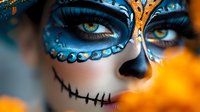 Close up portrait of young woman with sugar skull makeup in blue and white, dramatic green eyes and face paint for Day of Dead celebration against orange background.