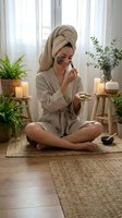 Young Caucasian woman in robe applying clay face mask with brush, sitting cross-legged at home spa, surrounded by candles and plants.