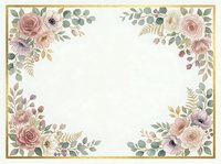 Floral frame with roses, peonies, and greenery in soft pink, purple, and sage tones on cream background with gold border. Isolated design ready for invitations, cards, and stationery projects.