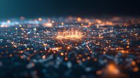 Glowing orange light points connected by network lines against dark background create futuristic technology visualization with bokeh effect and depth of field.