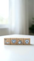 Wooden blocks with healthcare icons including hand, heart with cross, wheelchair, and shield on white table representing medical insurance and care services.