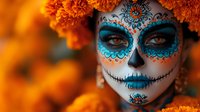 Young woman with traditional sugar skull makeup in turquoise and white, surrounded by vibrant orange marigold flowers, celebrating Day of the Dead festival.