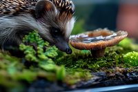 Small hedgehog exploring forest floor with mushroom among green moss in natural woodland habitat during autumn season.