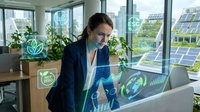 Professional businesswoman analyzing holographic environmental data displays in modern sustainable office with solar panels and green plants.