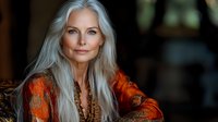 Elegant mature woman with long silver hair wearing orange embroidered jacket, confident expression, sophisticated lifestyle portrait for wellness and beauty campaigns.