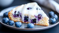 Fresh blueberry scone with vanilla glaze and scattered berries on dark plate, macro food photography showing moist texture and juicy fruit details.