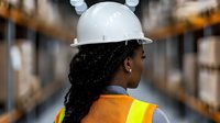 African American female warehouse worker wearing safety helmet and high visibility vest shown from behind in industrial storage facility with stacked shelves.