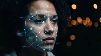 Futuristic facial recognition technology scanning young woman face with digital grid overlay and glowing data points against dark bokeh background.