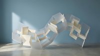 Stacked translucent acrylic or glass cubes arranged in dynamic curved formation casting geometric shadows on floor with blue wall background.