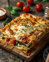 Fresh homemade lasagna with melted cheese, spinach and herbs served on wooden cutting board, garnished with cherry tomatoes and basil leaves in rustic setting.