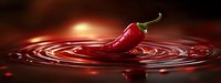 Red chili pepper floating on liquid surface with ripples and warm lighting effects creating dramatic culinary concept for spicy food and cooking themes.