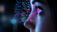 Young Asian woman's face in profile with programming code reflection in her eye, glowing with purple and blue neon lights against dark background.