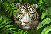 White tiger with amber eyes peering through lush green tropical foliage and monstera leaves, close-up portrait showing detailed fur texture and intense gaze.
