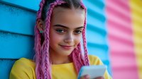 Young Caucasian woman with pink braids and yellow top smiling while using smartphone against colorful wall background. Modern urban lifestyle portrait.