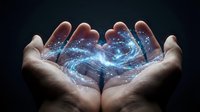 Cupped hands holding glowing blue energy with sparkling particles and light effects against dark background for technology and innovation concepts.