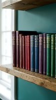 Vintage books collection arranged on rustic wooden shelves against teal wall creating cozy library atmosphere for home decor and reading spaces.
