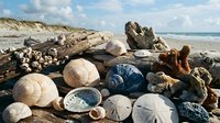 Seashells and driftwood scattered on sandy beach with ocean waves and cloudy sky. Natural coastal treasures perfect for marine biology education.