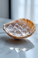 Clear ice cubes nestled in orange-tinted seashell on reflective white surface, creating elegant composition with soft natural lighting and delicate shadows.