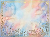Watercolor pastel rainbow background with ornate floral border frame featuring decorative swirls and stars for wedding invitations and greeting cards.