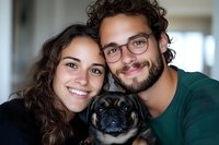 Happy young couple with curly hair embracing their black pug dog at home, smiling at camera in cozy living room setting for family lifestyle content.