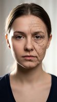 Woman face showing aging process with wrinkles and smooth skin comparison for skincare and anti-aging treatment concepts.