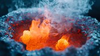 Dramatic orange lava flow with blue smoke creates abstract natural phenomenon, molten rock texture glows against dark background, volcanic activity closeup.