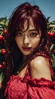 Young Asian woman with burgundy hair in red off-shoulder dress poses among cherry trees, creating vibrant summer fashion portrait.