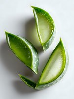 Fresh cut aloe vera plant leaves showing translucent gel inside on white background, natural organic skincare and wellness ingredient for cosmetics.