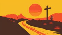 Minimalist desert landscape at sunset with winding road, cross silhouette and cactus against orange sky, mountains in background, stylized western scene.