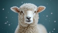 Young white lamb portrait with gentle expression against teal background with falling snow, showcasing soft wool texture and innocent gaze. For winter holiday designs.