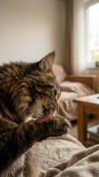 Tabby cat grooming paw in cozy bedroom with natural sunlight streaming through window creating warm domestic atmosphere for pet care content.