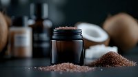 Pink Himalayan salt scattered around dark glass jar on moody background with soft natural lighting and selective focus for culinary and wellness content.