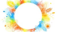 Vibrant tropical summer frame with palm leaves, sun elements and colorful watercolor splashes on white background for vacation design projects.