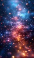 Magical glowing particles and bokeh lights in deep blue and orange colors create dreamy cosmic atmosphere for fantasy or celebration backgrounds.