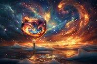 Magical wine glass reflecting cosmic nebula and galaxy swirls against dramatic sunset sky, with stars and ethereal light creating surreal atmospheric scene.