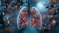Glowing human lungs with illuminated branches resembling tree structure against dark blue background with bokeh lights, medical science visualization concept.