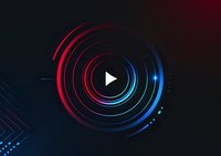 Futuristic play button surrounded by glowing red and blue circular waves on dark background, modern minimalist design for multimedia and streaming applications.